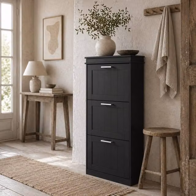 Wyld Haus Kaso Black 3 Drawer Slim Shoe Cabinet with Tilting Compartments and Adjustable Internal Shelves, W/D/H: 54 x 24 x 117.5 cm