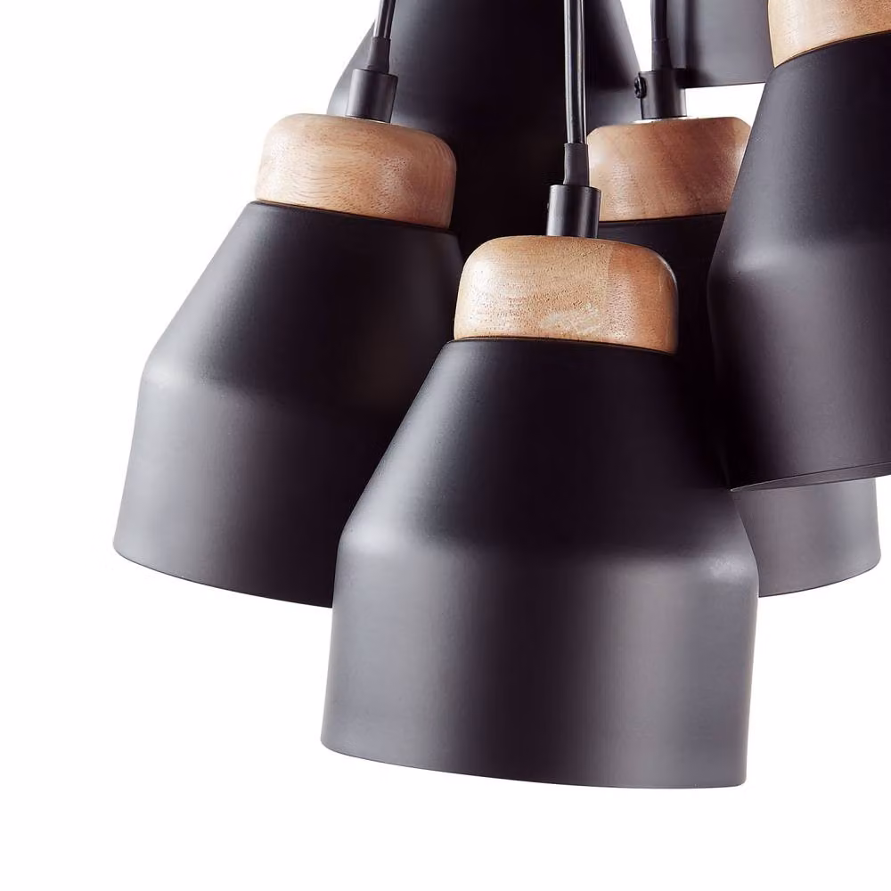 Wyld and Coco Cluster Pendant Lamp in Black Metal and Wood with 6 Integrated LED Lights – 5