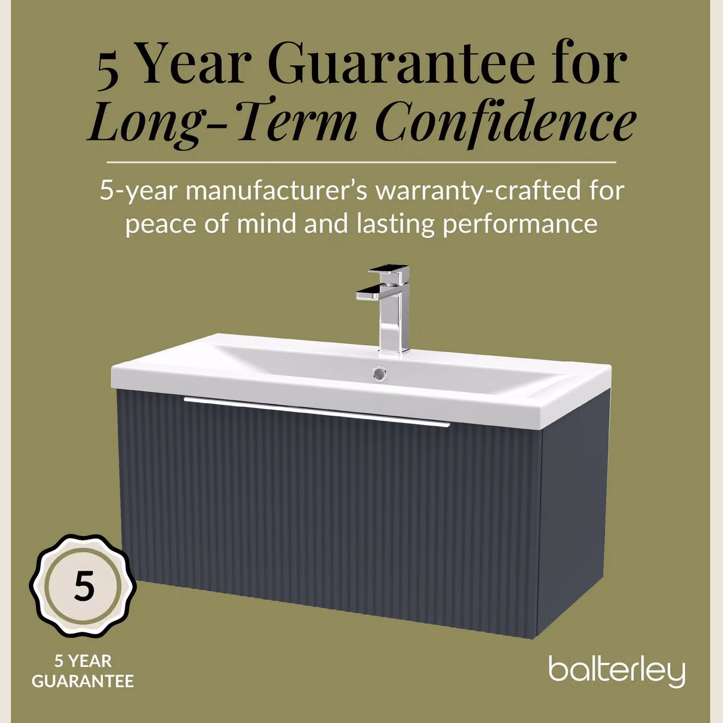 Balterley Fluted Wall Hung 1 Drawer Vanity Basin Unit and Basin, Dark Grey, Width: 80 cm – 4
