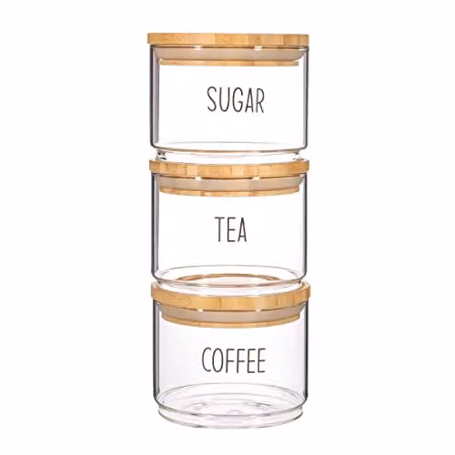 Sass & Belle Set of 3 Airtight Stackable Glass Tea, Coffee and Sugar Jars with Bamboo Lids in Transparent – 1