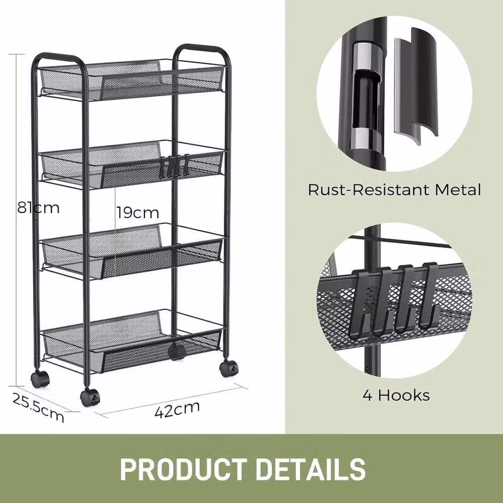 VOGREX Black Metal 4-Tier Rolling Storage Cart for Kitchen and Bathroom – 2