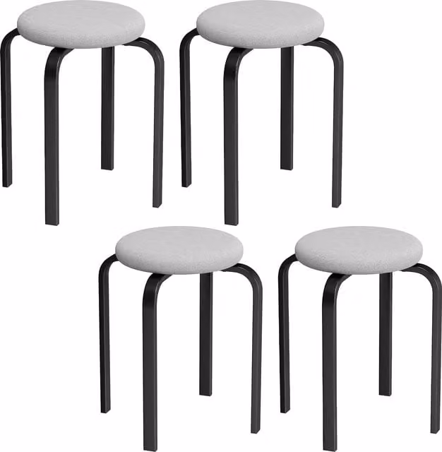 HOMCOM Set of 4 Modern Stackable Round Backless Stools with Grey Fabric Cushions and Metal Frames – 1