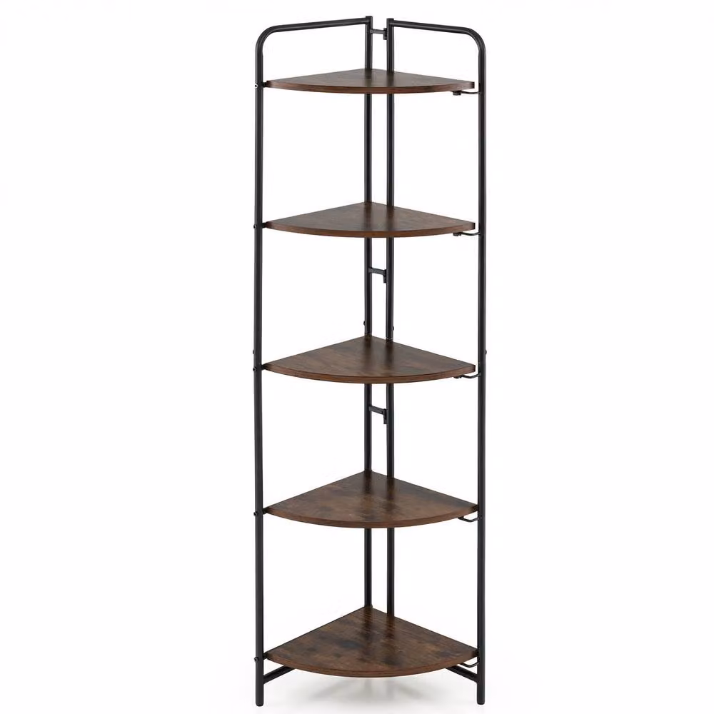Gymax 5 Tier Brown Metal Open Corner Display Shelf and Folding Rack – 3