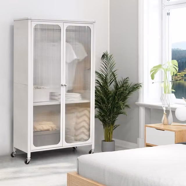 Costway Modern White Metal Mobile Wardrobe Armoire with Glass Doors and Internal Shelves