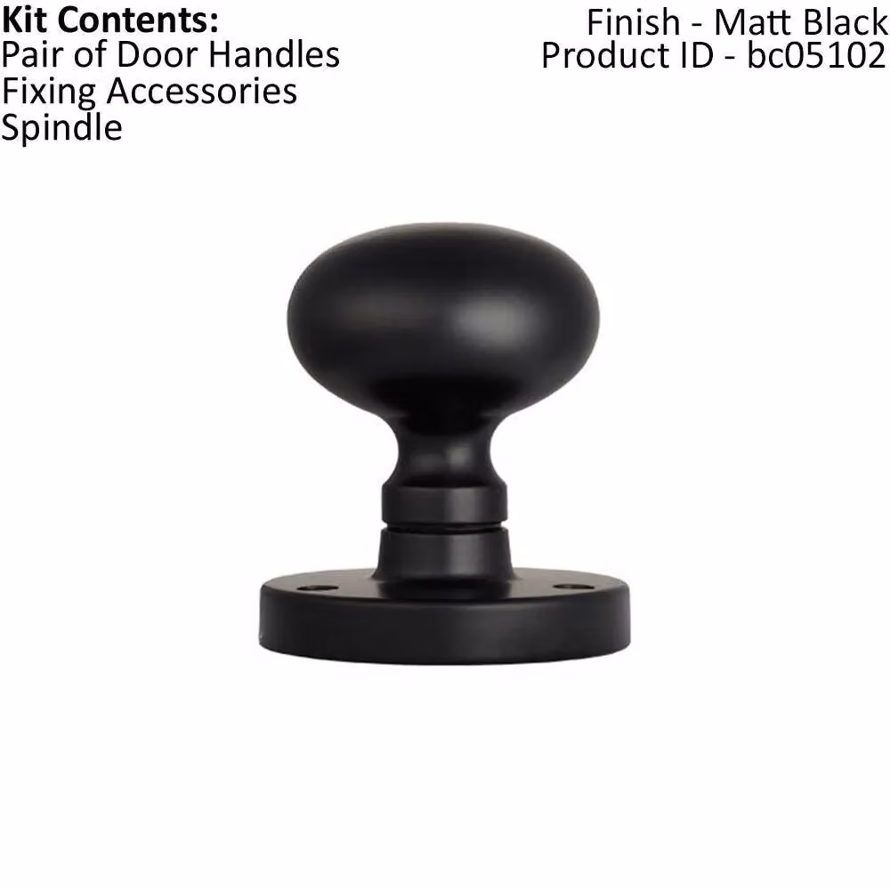 Loops Pair of Mushroom Mortice Door Knobs, Half Sprung, 52mm Diameter, Matt Black – 2