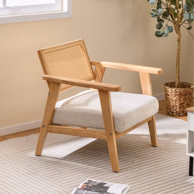 COSTWAY Mid-Century Corduroy Accent Lounge Chair with Solid Rubberwood Frame in Beige and Brown