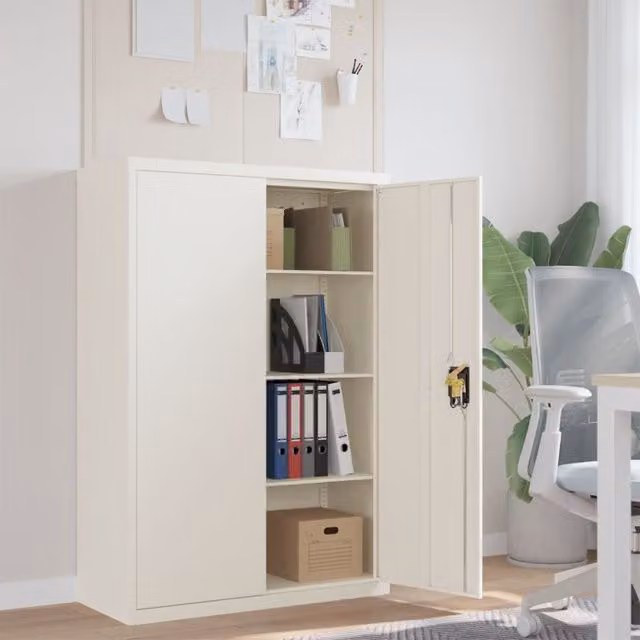 Berkfield Home White Metal File Cabinet with Hinged Doors and Adjustable Shelves, W/D/H: 90 x 40 x 140 cm – 1