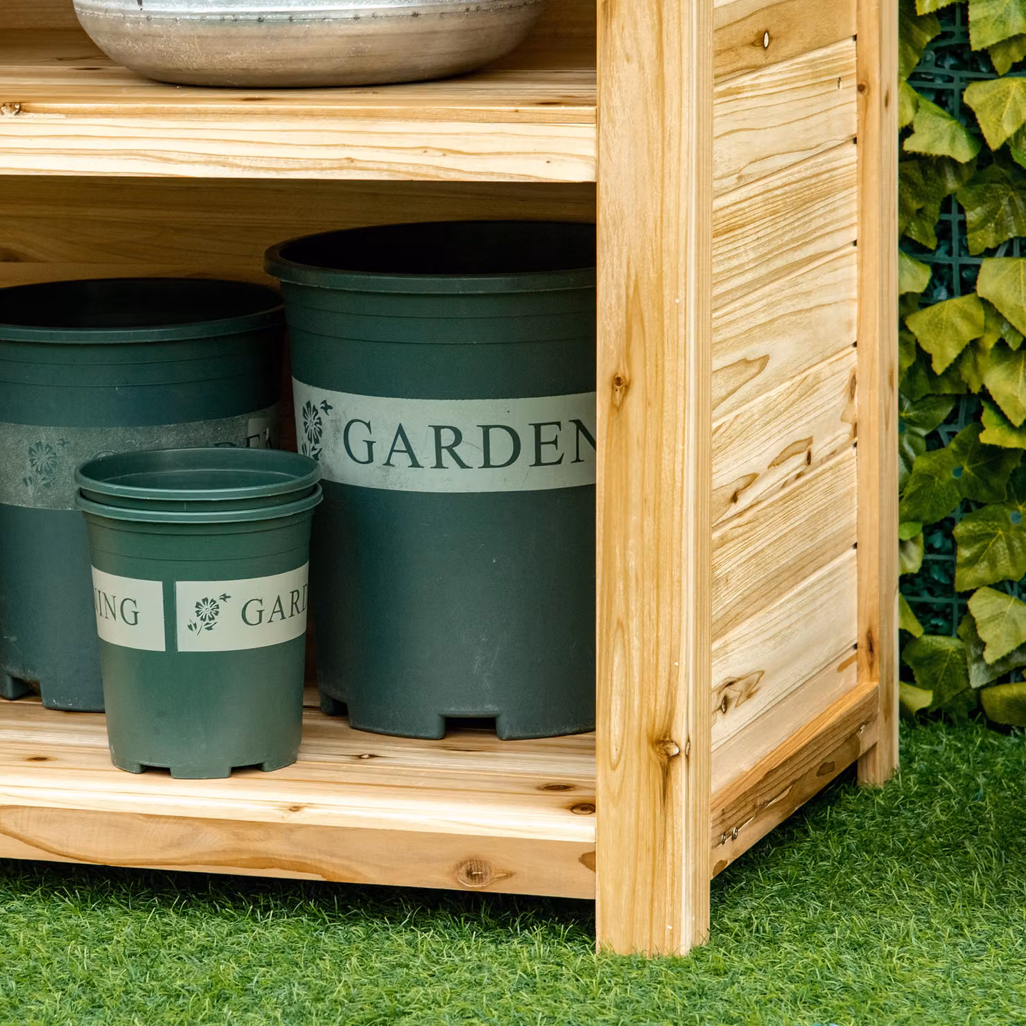 Outsunny Wooden Garden Potting Bench with Galvanised Steel Tabletop, Storage Shelves and Hooks, Brown – 7
