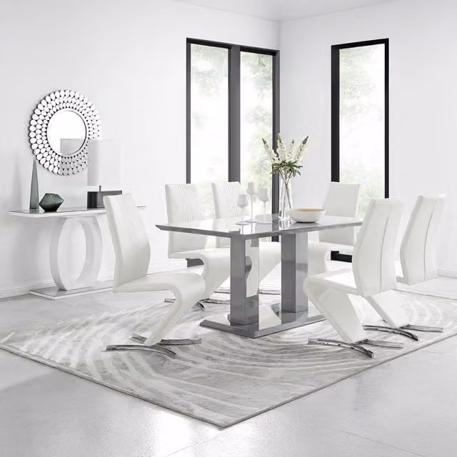 FurnitureboxUK Imperia Grey High Gloss Rectangular Dining Table and 6 White Willow Chairs