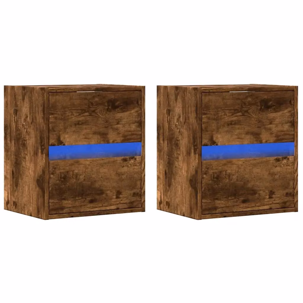 Berkfield Home Wall-mounted Bedside Cabinets with Integrated LED Lights, Set of 2, Smoked Oak in Brown – 3