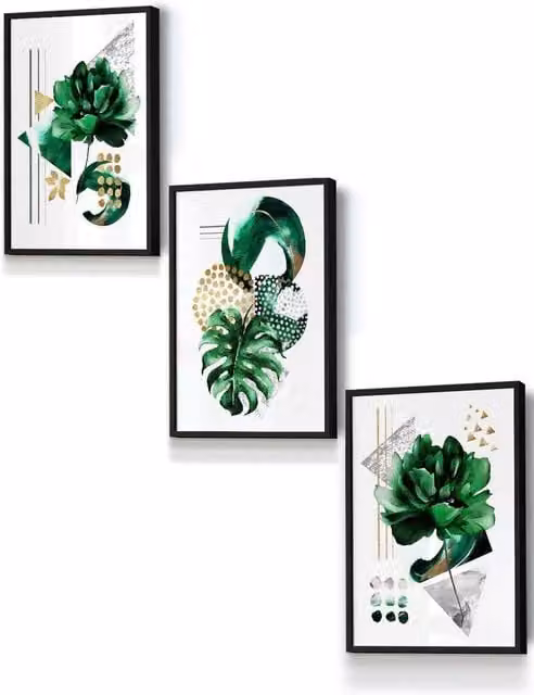 ARTZE Abstract Green and Gold Botanical Framed Wall Art in Black, W: 33 cm, H: 45 cm, D: 2 cm