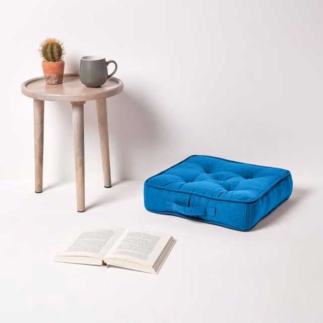 Homescapes Rajput Ribbed Cotton Square Floor Cushion in Petrol Blue
