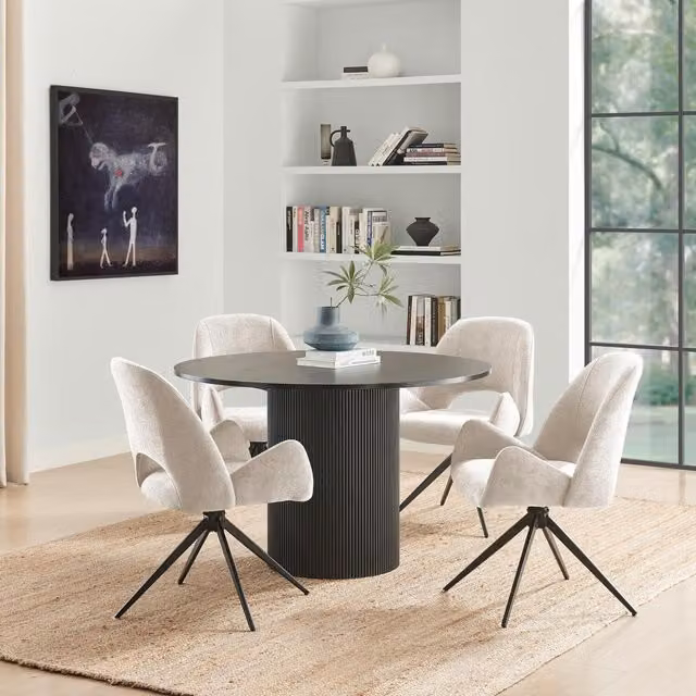 FurnitureboxUK Penrose Black Round Dining Table and 4 Layla Black Fabric Swivel Chairs, Diameter: 120 cm, Height: 75 cm