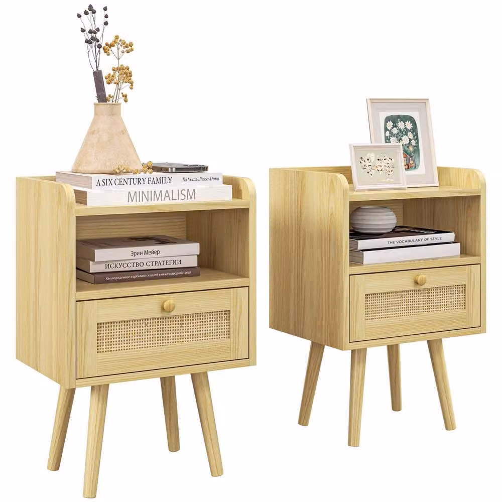 Wyld Haus Fira Set of 2 Wood Effect Bedside Tables with Rattan Weave in Sand and Beige – 2