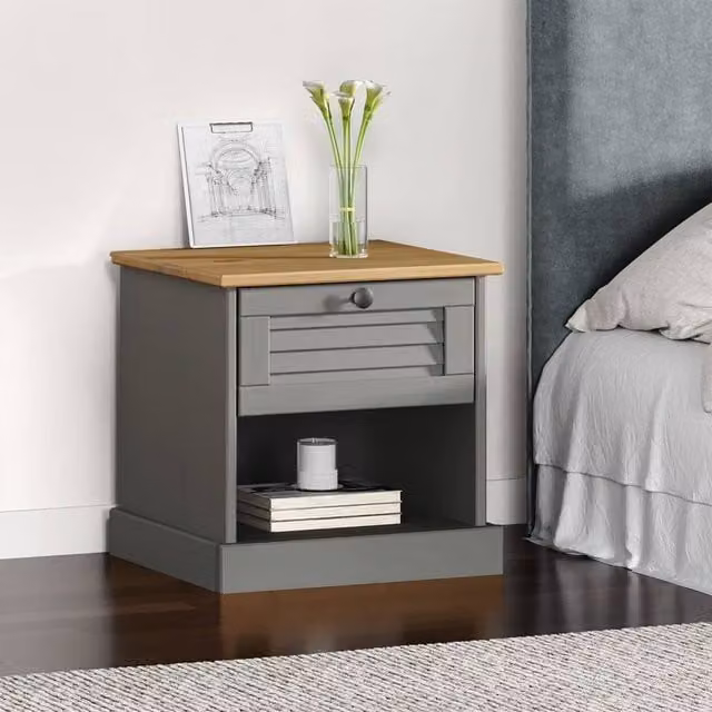 Berkfield Home VIGO Grey Solid Wood Pine Bedside Cabinet W/D/H: 42 x 35 x 40 cm