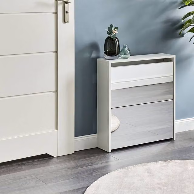 Wyld and Coco Modern White MDF Shoe Cabinet with Mirror Doors and 2 Tilting Compartments, W/D/H: 67 x 17 x 63 cm