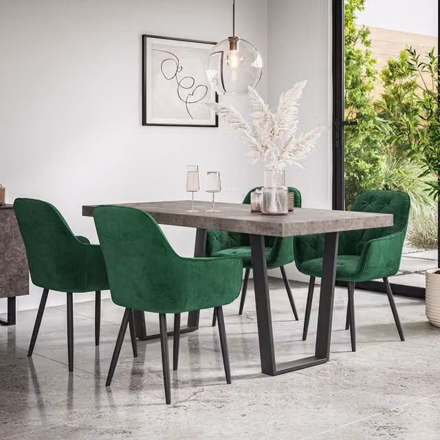 More4Homes Aria Dining Table and Anika Green Velvet Chair Set, Concrete Effect Table Top with Black Legs, W/D/H: 160 x 80 x 76 cm
