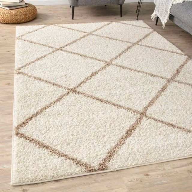 THE RUGS Moroccan Soft High Pile Shaggy Diamond Rug in Ivory, W: 120 cm, L: 170 cm