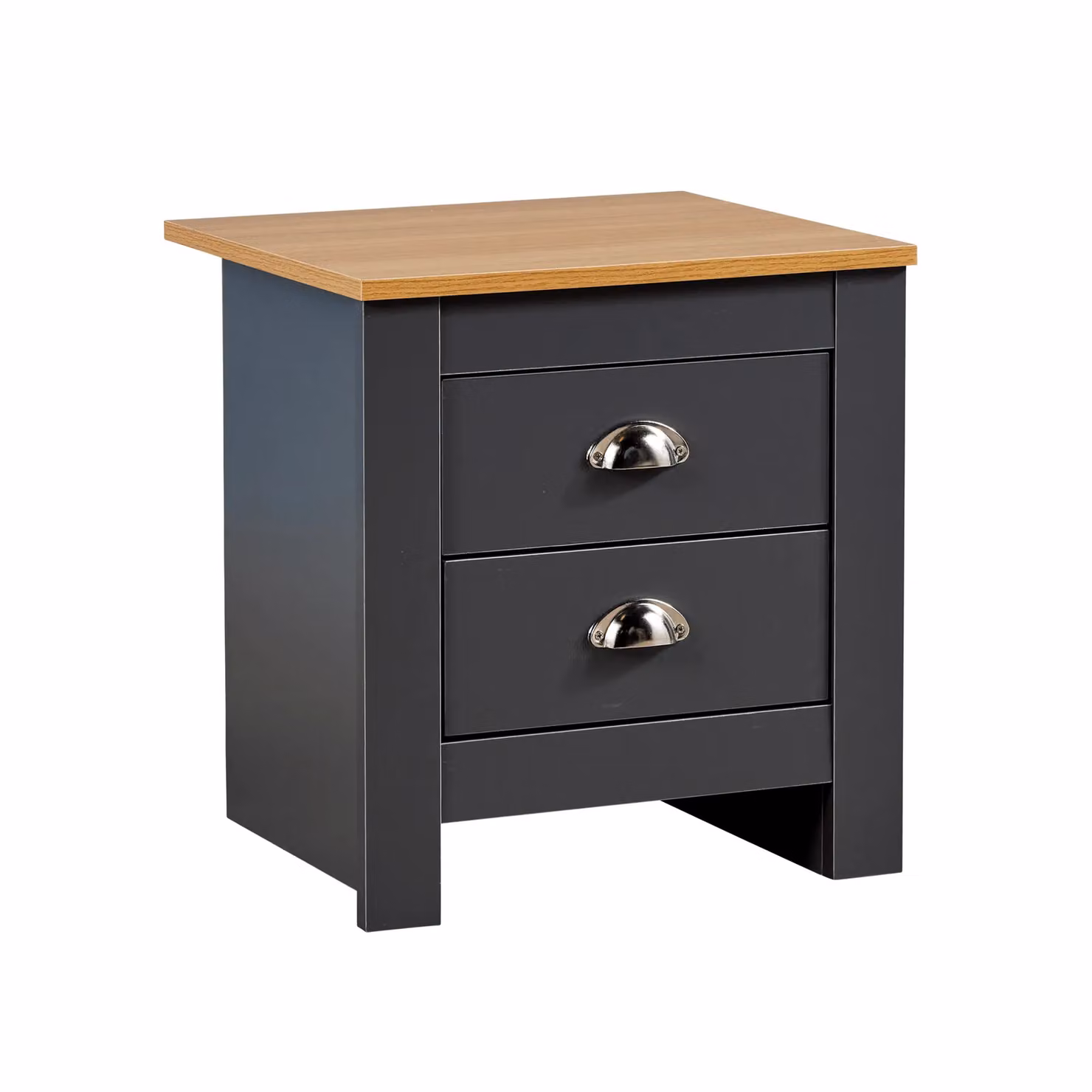 Home Source 2 Drawer Bedside Nightstand with Oak Top and Metal Handles in Dark Grey – 3