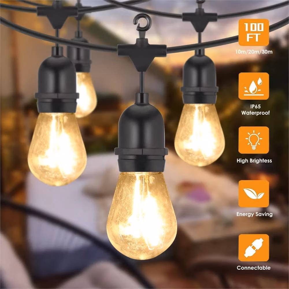 NESTLUNE Heavy Duty LED Outdoor Festoon String Lights, E27, IP65 Waterproof, Warm White, Black, 20m – 2