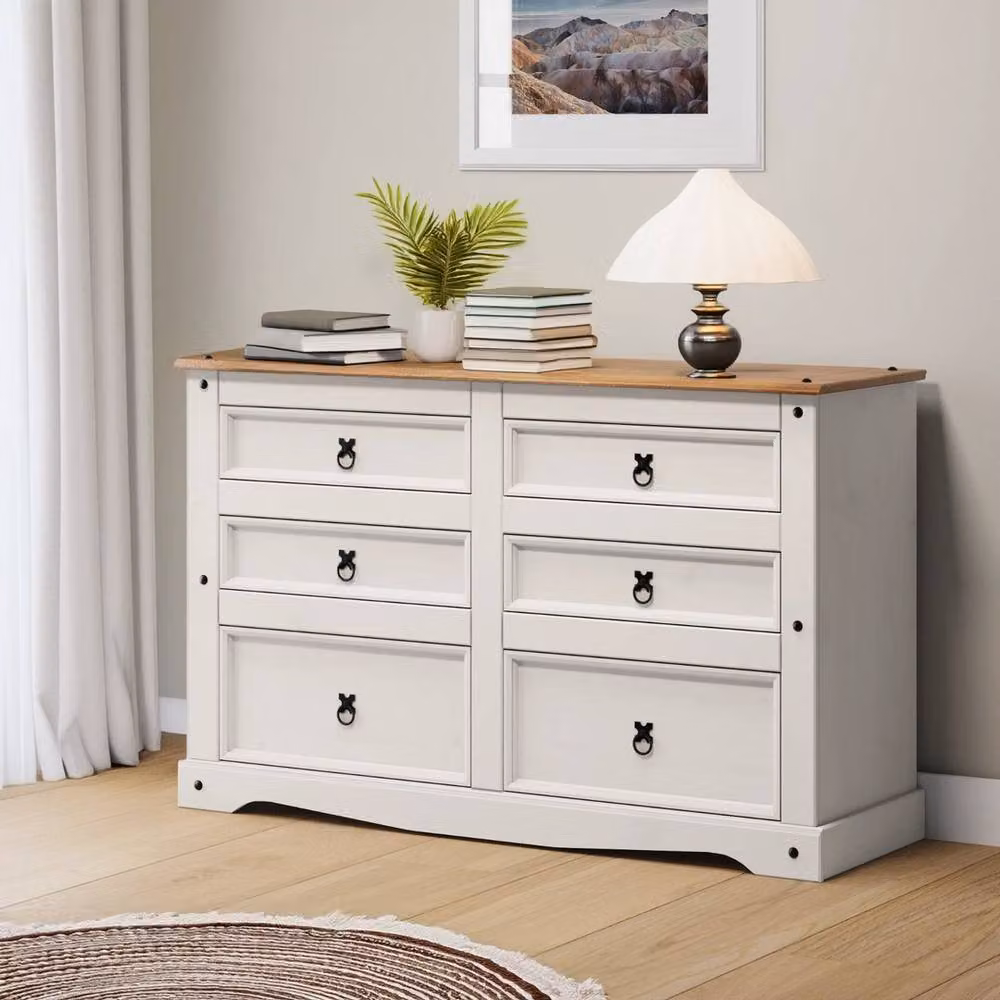 FORGEVIO Solid Pine 3+3 Low Wide Chest of Drawers and Sideboard in White Waxed Rustic Finish – 2