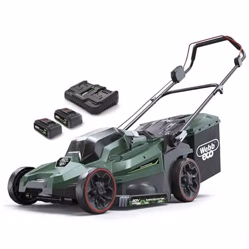 Webb Eco 40V Cordless Rotary Lawnmower in Green with 43cm Cutting Width, 50L Collection Bag and Rechargeable Battery – 1