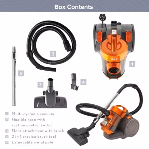Quest Compact Cyclonic Bagless Vacuum Cleaner in Orange with 1.5L Dust Container and HEPA Filtration – 3
