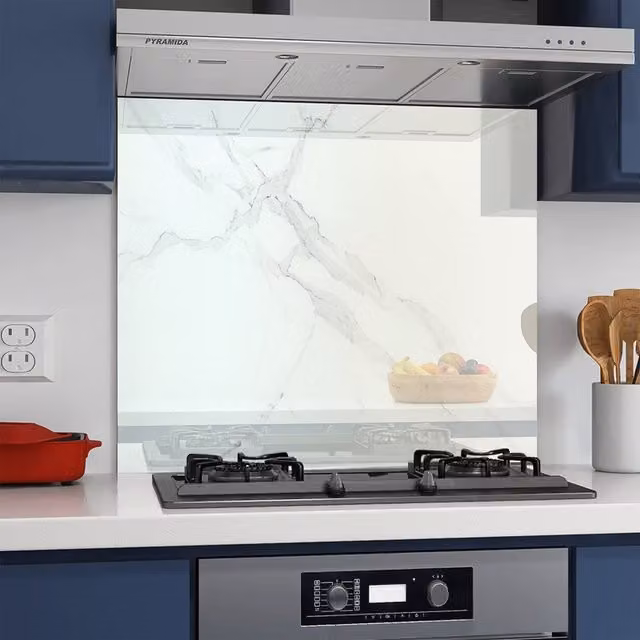 BELOFAY White Marble Look Tempered Glass Kitchen Splashback, 60 cm Width, 0.7 cm Depth