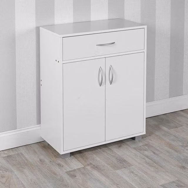 URBNLIVING Modern White Wooden Sideboard Storage Cabinet with 2 Doors and 1 Drawer for Hallway or Living Room