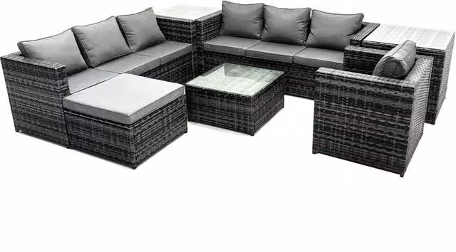 Fimous 8-Seater Patio Coffee Table Sofa Set with 2 Side Tables and Big Stool in Dark Grey