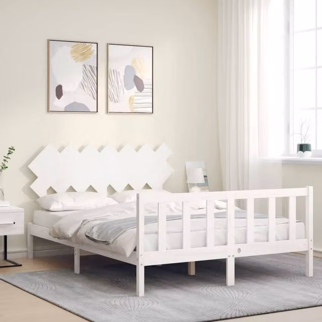 Berkfield Home Beautiful Bed Frame with Headboard in White Solid Pine Wood W/D/H: 140 x 190 x 80.5 cm