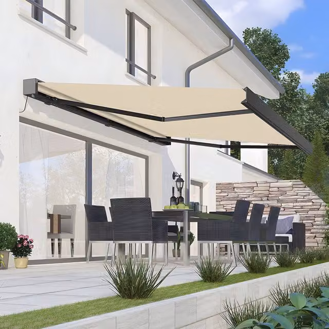 Primrose Deluxe Wireless Remote Full Cassette Electric 3m Wall-Mounted Awning with Lights in Ivory