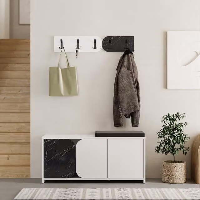 Decortie Moni Modern Shoe Cabinet Bench with Wall Mounted Hanger in Gloss Black Marble Effect