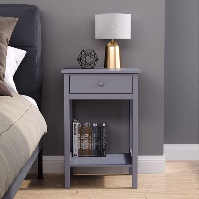 Livingandhome Minimalist Lacquered Grey Side Table with One Drawer and Round Wood Handle