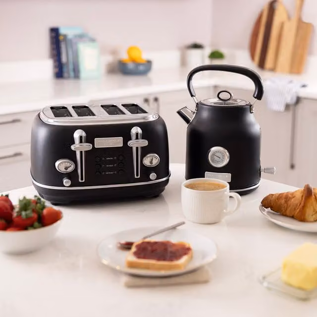 Charles Bentley Kettle and Toaster Set, 1.7L and 4 Slice, Black and Silver Stainless Steel