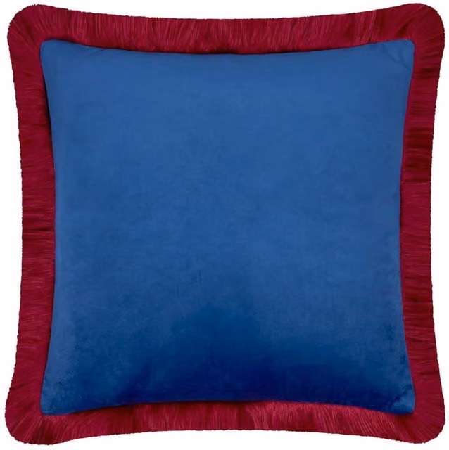 Furn Halo Fringed Velvet Cushion in Blue, W x D: 50 x 50 cm – 1