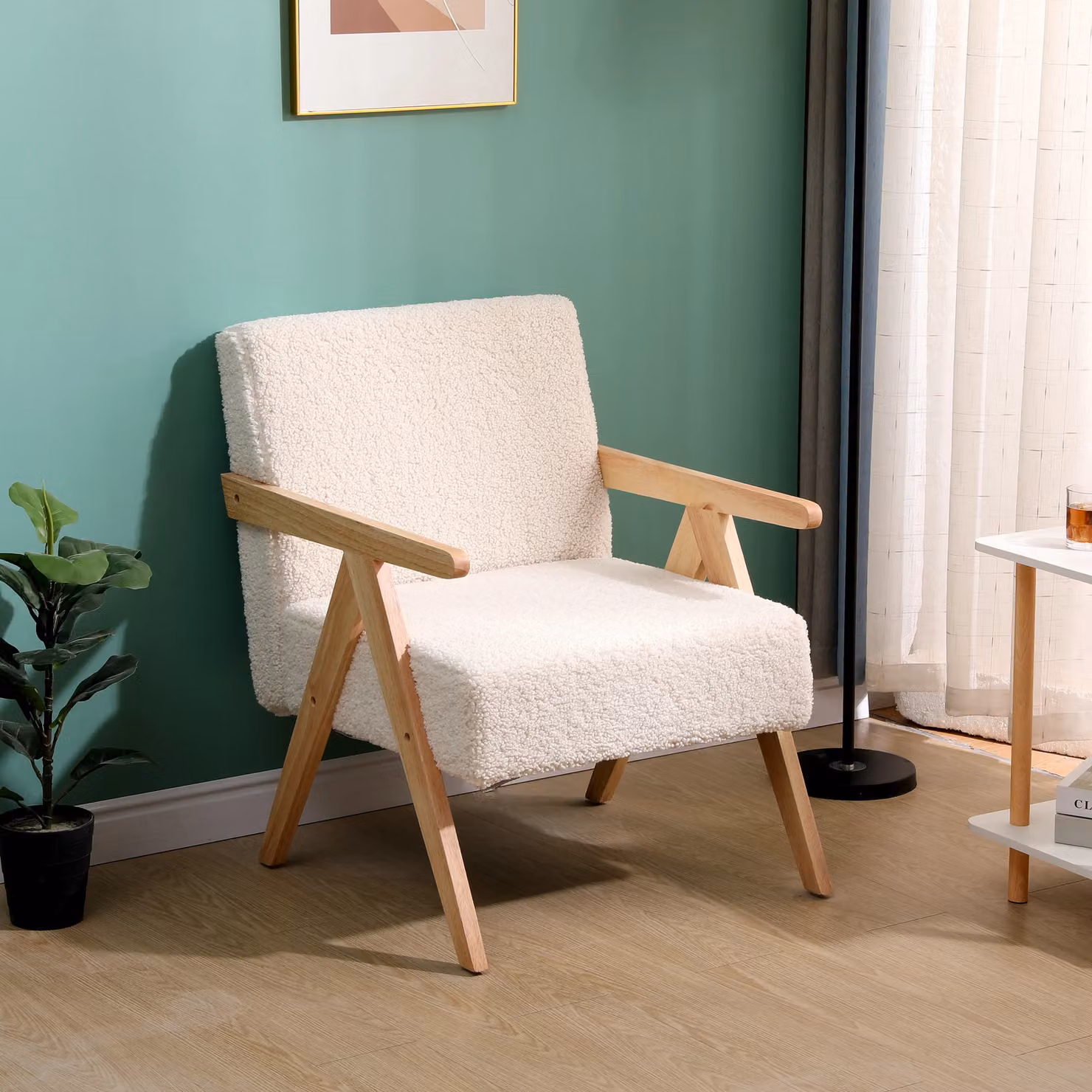 Santarem-Rouge Scandinavian Lounge Armchair with White Bouclé Fabric and Solid Wood Frame – 2