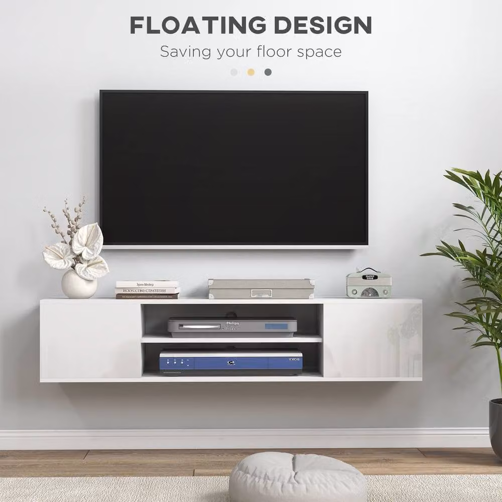 STILVORA Modern White Glossy Wall Mounted TV Stand with 2 Doors and Open Shelves – 5