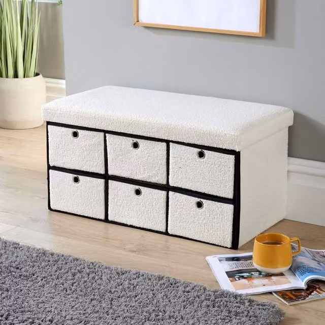 Home Source 6 Drawer Teddy Boucle Fabric Storage Ottoman Chest in Cream, W/D/H: 76 x 38 x 38 cm