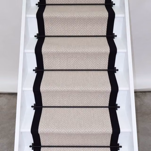 RainbowHome Savoy Herringbone Wool Stair Runner with Black Cotton Border in Beige, W: 65 cm x L: 700 cm