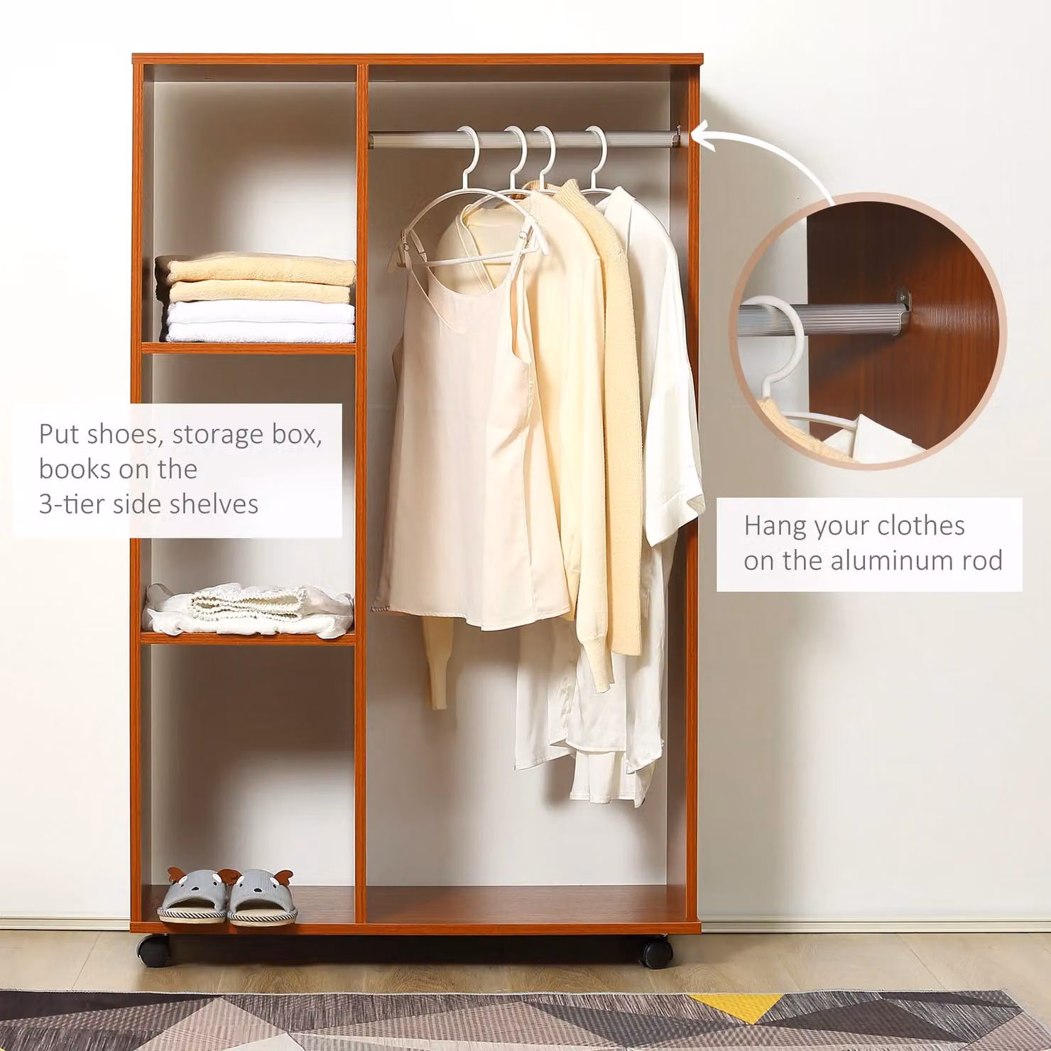 HOMCOM Rolling Open Wardrobe with Hanging Rail and Storage Shelves in Brown – 4