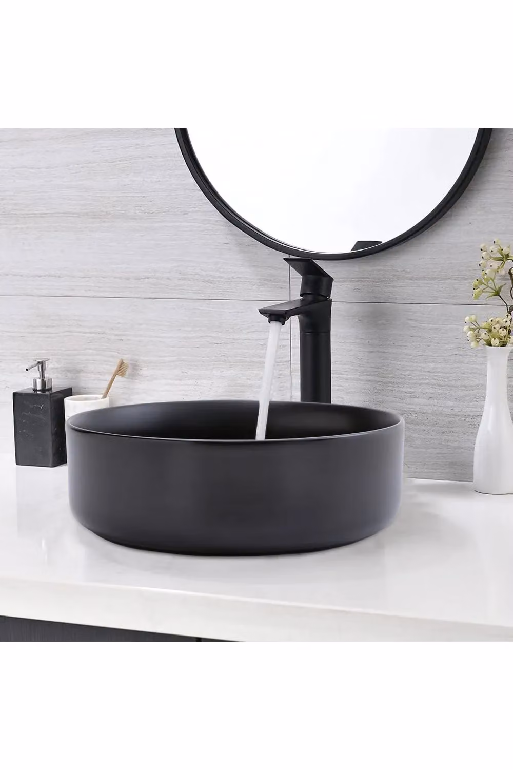 Living and Home Round Black Natural Stone Countertop Bathroom Vessel Basin – 2