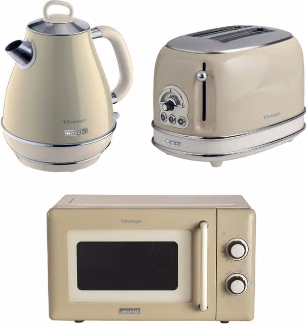 Ariete Vintage 1.7L Jug Kettle and 2 Slice Toaster and Microwave Set in Beige and Stainless Steel