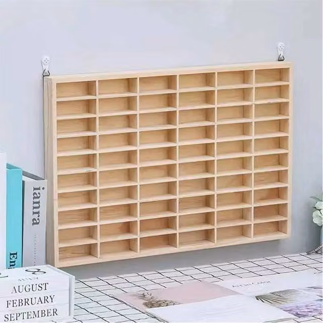 SPETLEK 60 Grid Wooden Display Storage Rack for 1:64 Diecast Car Models in Natural Brown