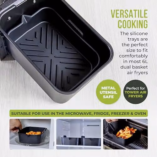 Tower T843093 Set of 2 Rectangular Silicone Air Fryer Trays, Black, Suitable for 6 Litre and Dual Basket Air Fryers – 3