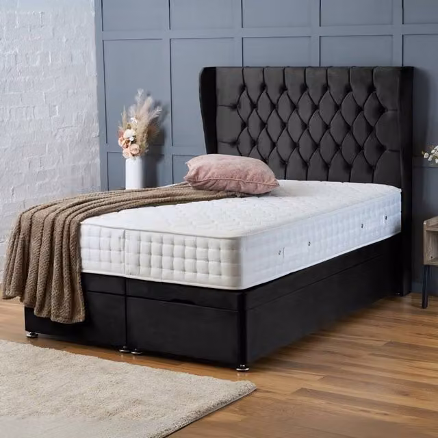 BSSPOKE Amelia Ottoman Divan Bed with 54 inch Headboard in Black Plush Velvet, W/D/H: 120 x 200 cm