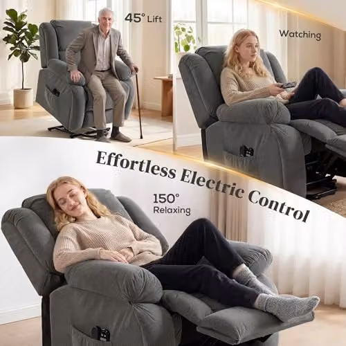 HOMCOM Grey Velvet Recliner Armchair with Powered Lift Assist, Heat and Vibration Massage – 5