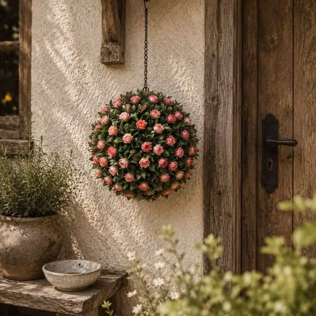 Wyld Haus Colana Set of 2 Pink UV Resistant Artificial Rose Topiary Hanging Balls, Diameter: 28 cm – 1