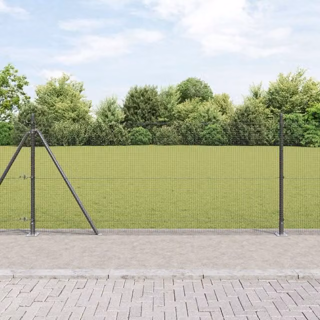 Berkfield Home Grey Steel Welded Wire Fence with 13 Flanged Posts, W: 25 m, H: 0.8 m