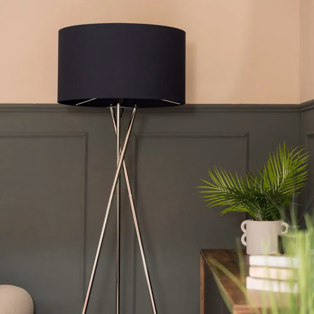 ValueLights Camden Brushed Chrome Tripod Floor Lamp with Navy Blue Fabric Drum Shade, H 154 cm x W 57 cm x D 57 cm – 2